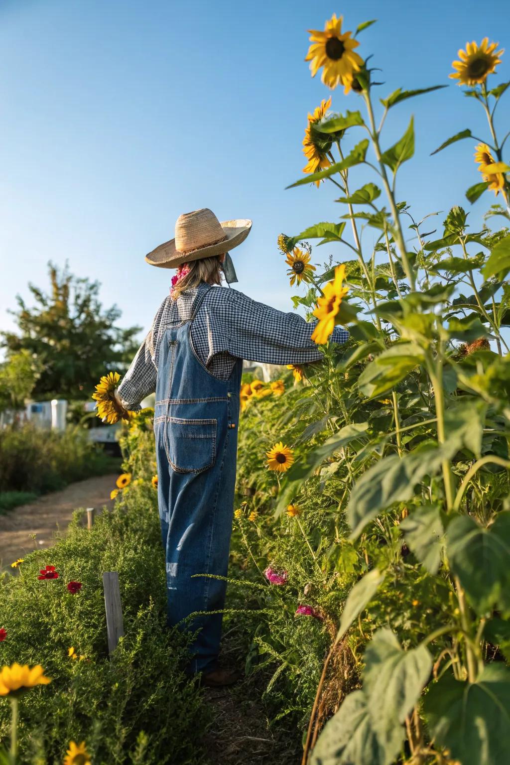 A classic rustic scarecrow with a twist of charm.