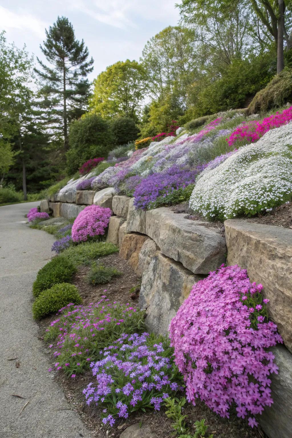 Creeping phlox gracefully cascading over rocks.