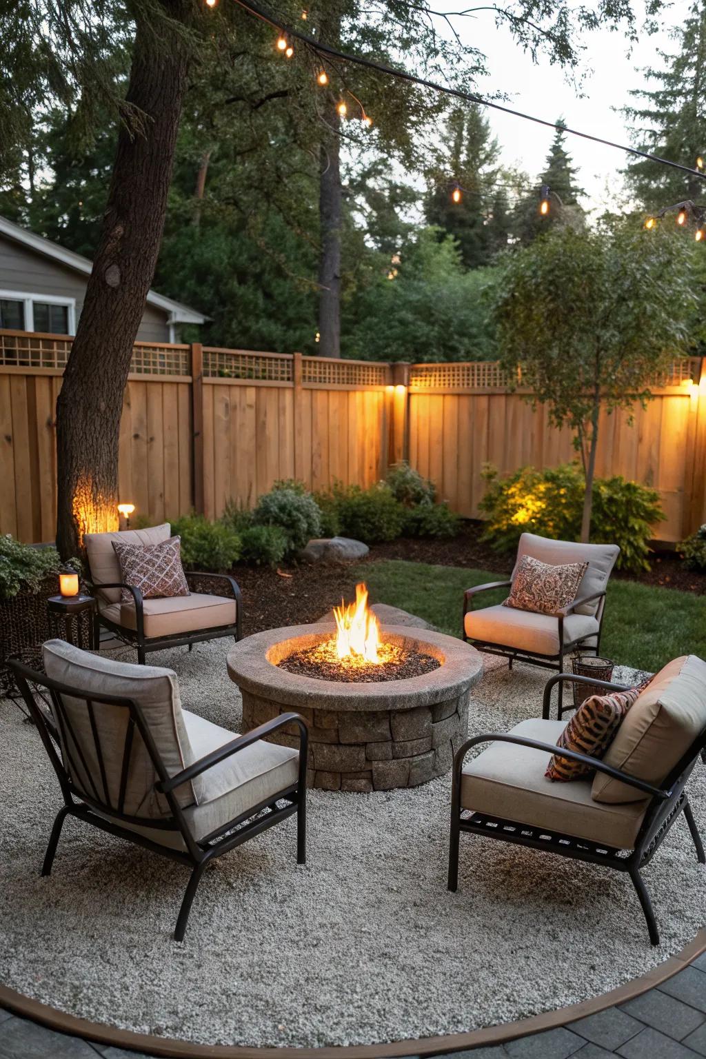 A fire pit area surrounded by crushed granite creates a warm, inviting space.