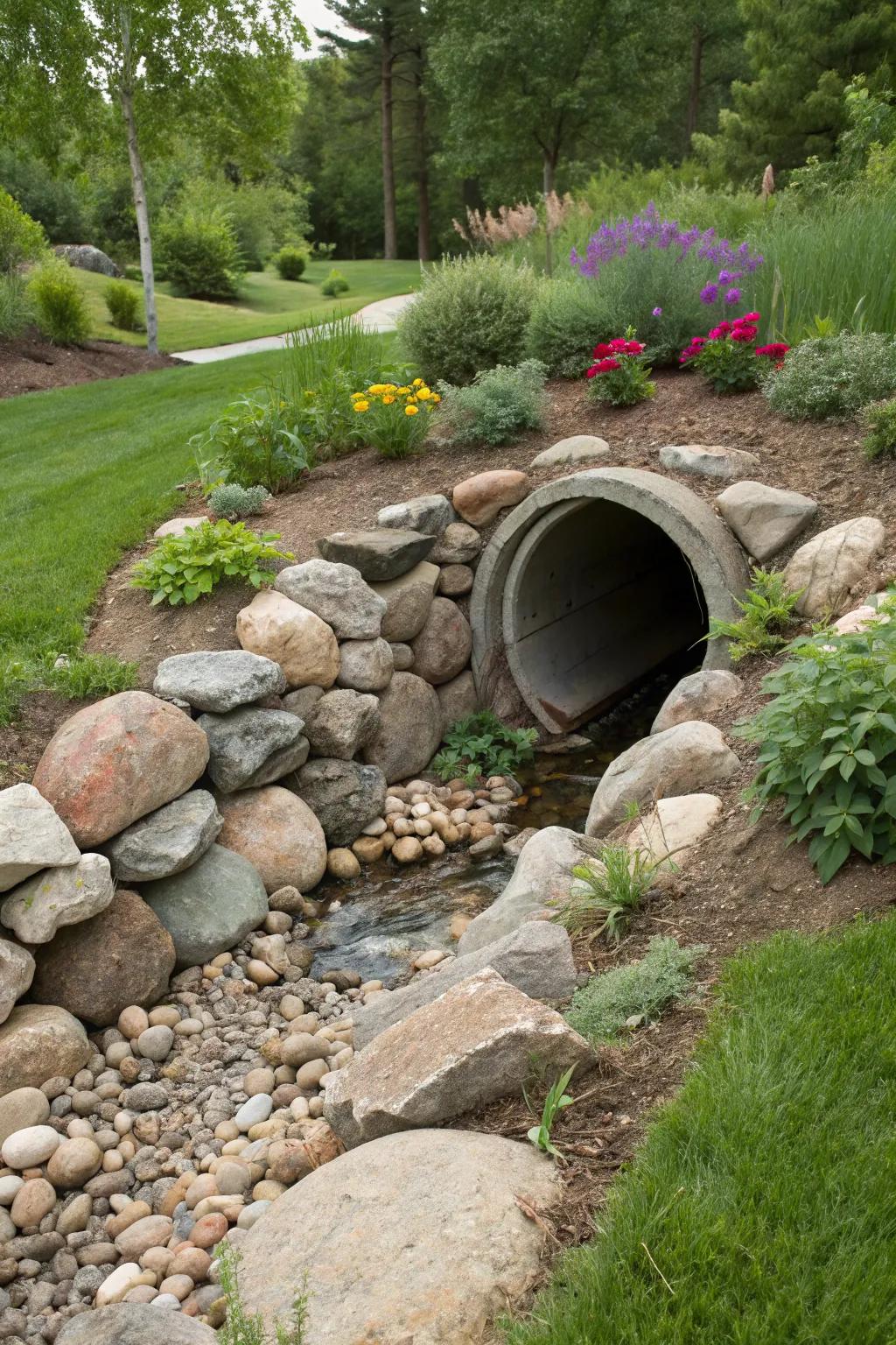 Rocks and stones enhance the natural beauty around a culvert.