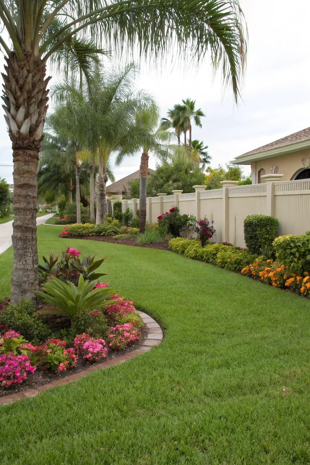 A lush green lawn complemented by tropical plants and flowers
