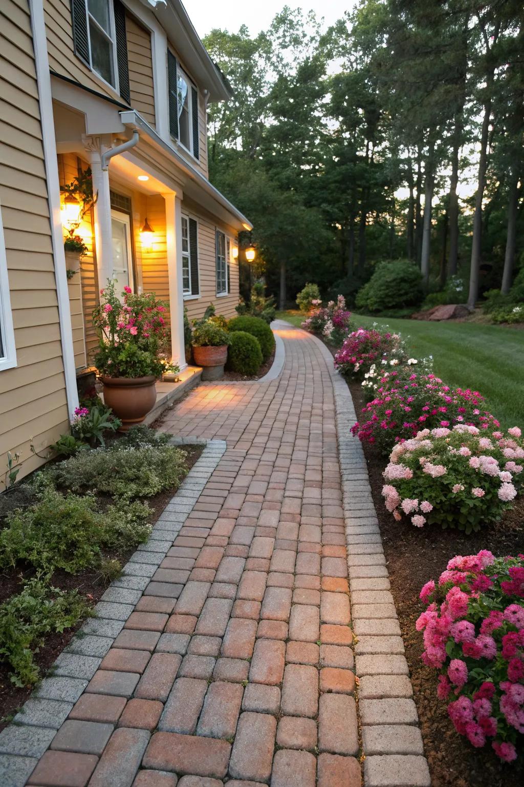 A timeless brick walkway enhances the home's entrance.