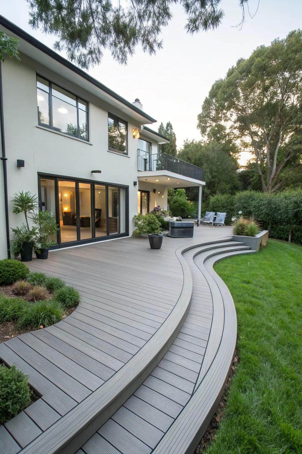 A modern composite deck with elegant curves enhancing the garden's aesthetics.