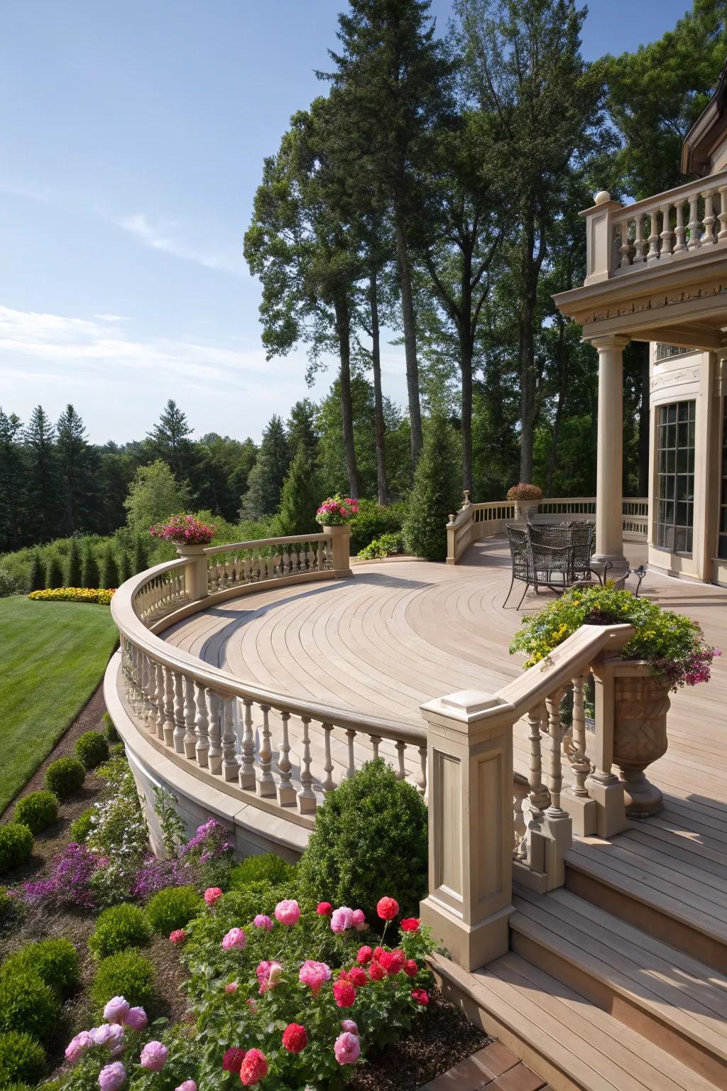 An elegant curved deck that enhances the beauty of the garden.