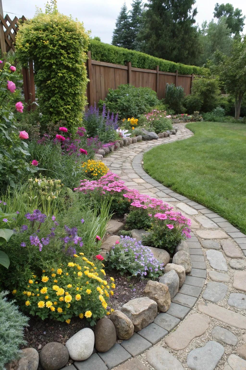 Natural stone edges define this graceful curved flower bed.