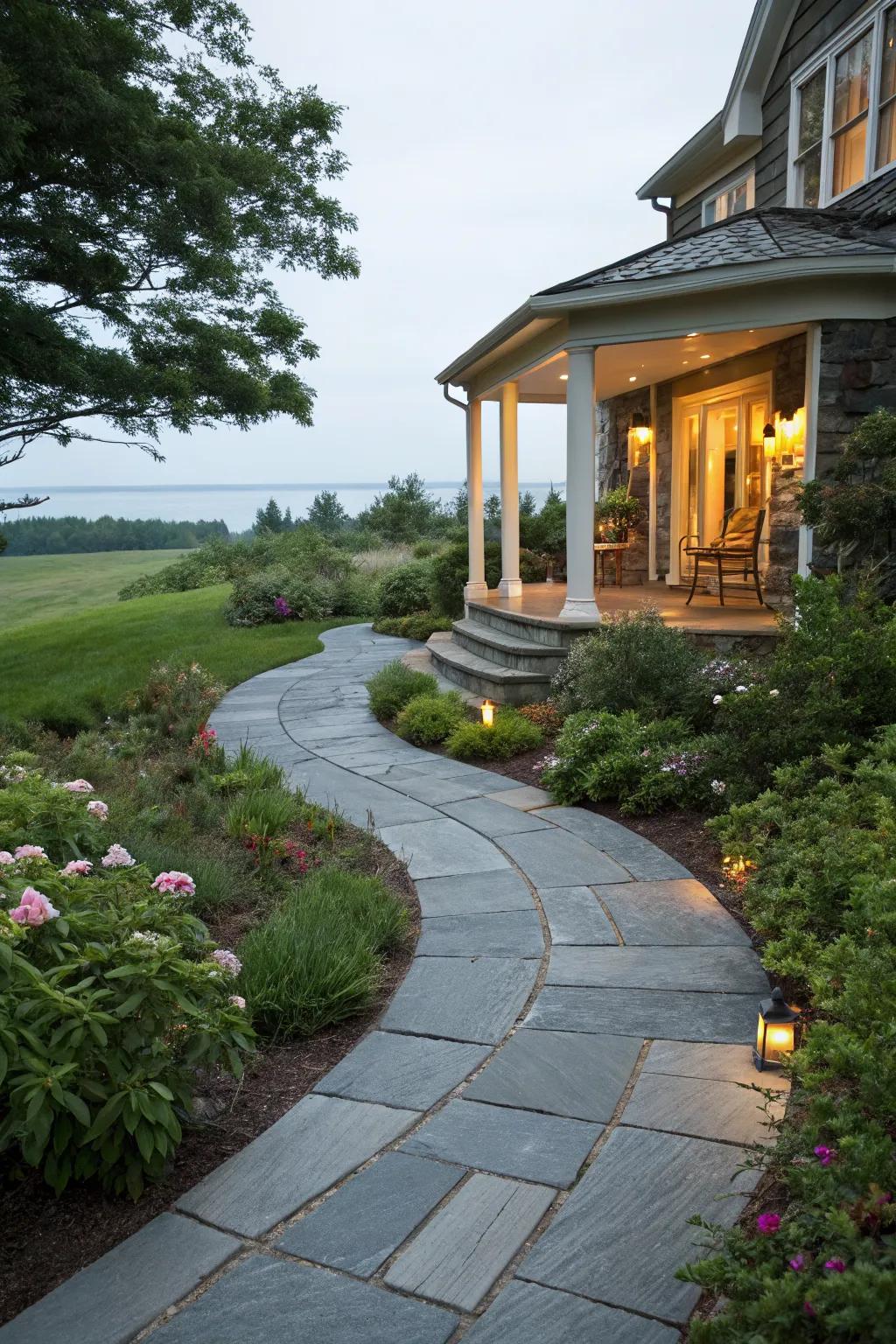 A curved stone walkway with bluestone paving, leading to a cozy front porch.