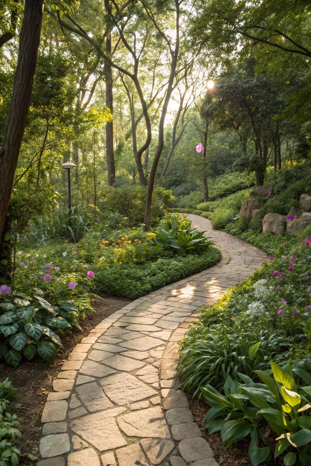A natural stone path that merges with its lush surroundings.