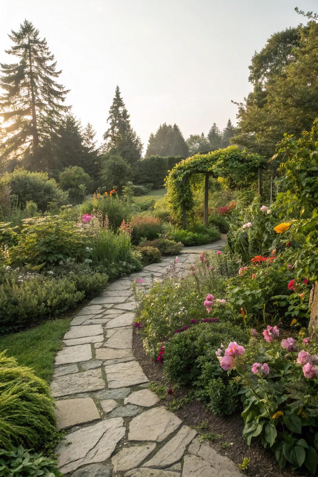 A meandering stone pathway guides the way through a vibrant garden.