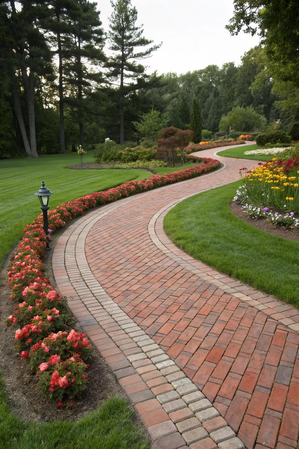 A classic brick paver walkway curving through a lush garden.