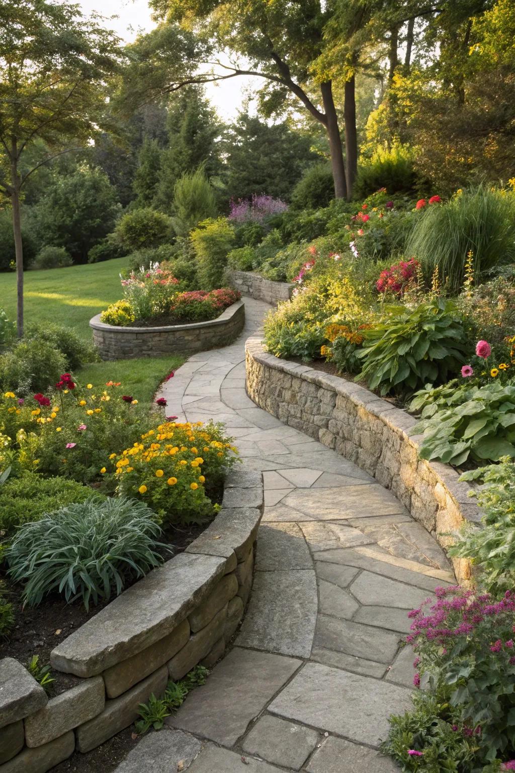 Curved stone beds offer a rustic yet elegant garden design.