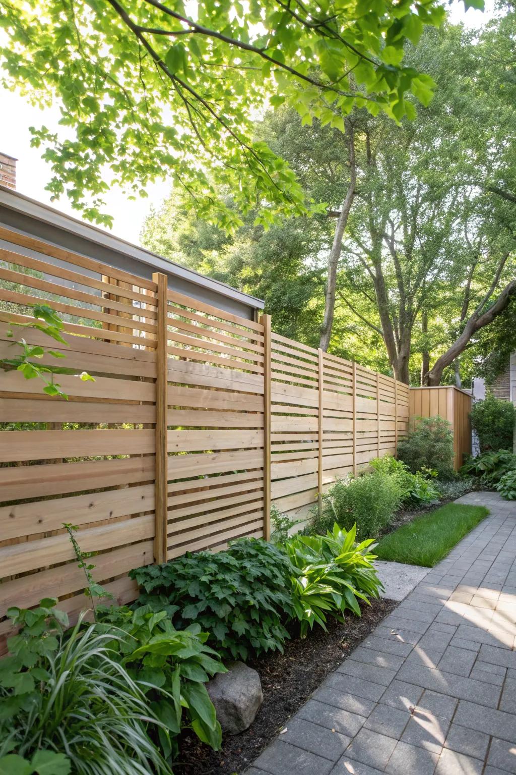 Modern horizontal slats create a chic and stylish backyard.