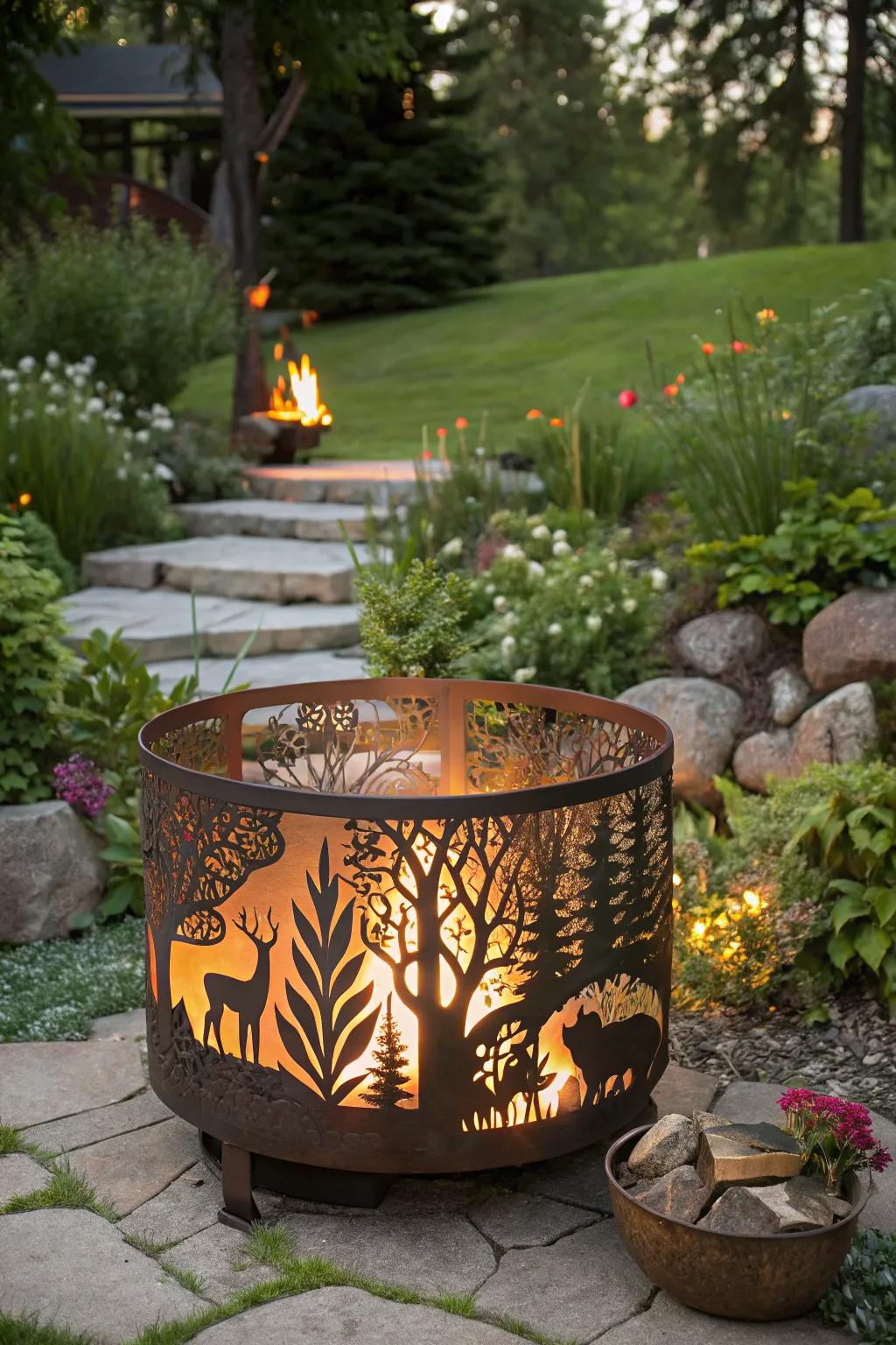 Intricate metal designs create a mesmerizing fire pit centerpiece.