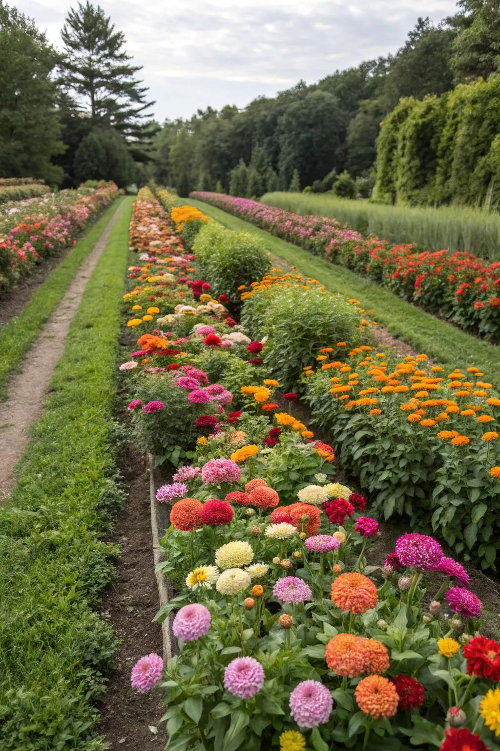 Rows of colorful flowers neatly arranged in a garden bed, showcasing the classic row layout.