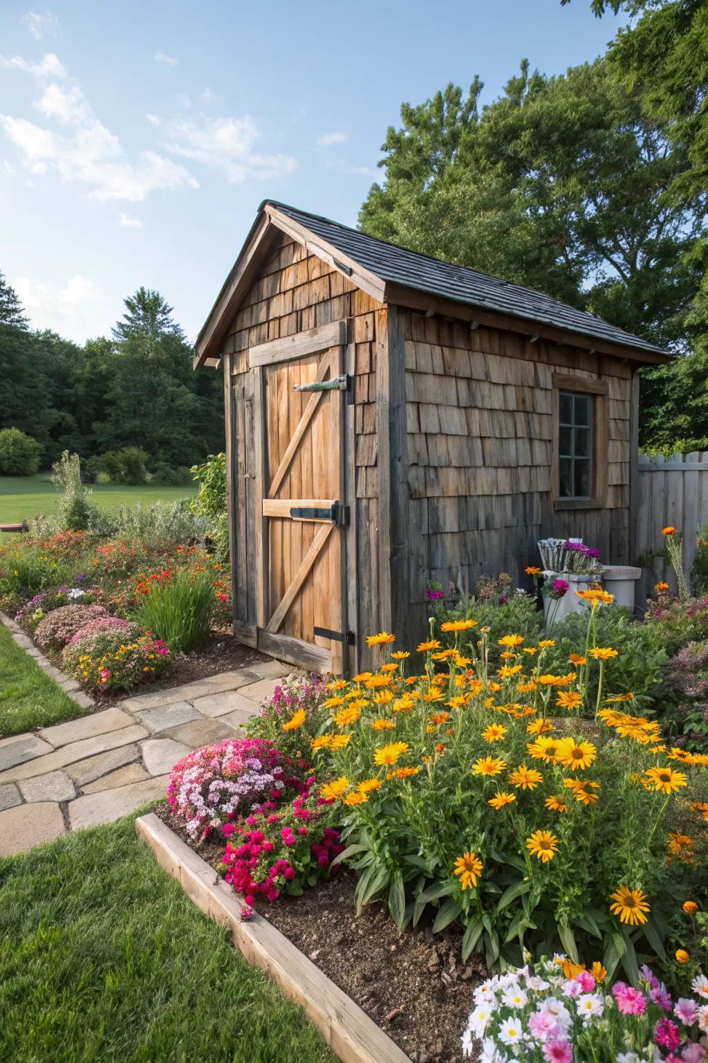 A rustic retreat with reclaimed wood siding and a quaint barn door.