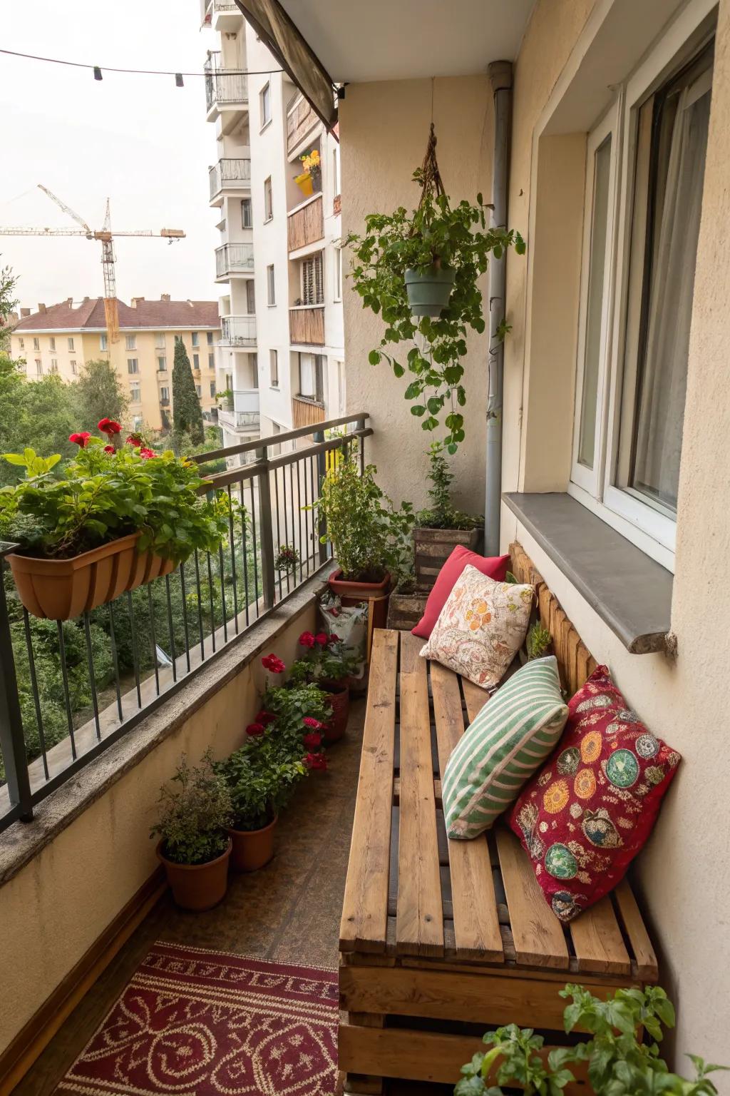 A small balcony corner transformed into a cozy seating area with a bench and cushions.