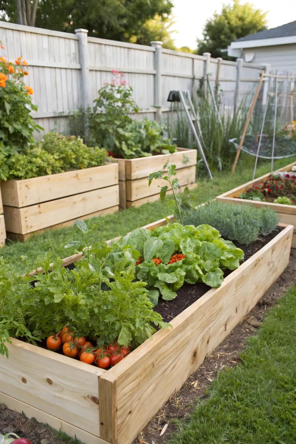 Raised beds neatly organize a variety of vegetables in a backyard.