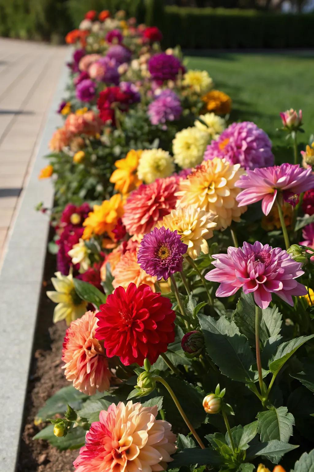 A colorful dahlia garden that dazzles the eyes with its vibrant hues.
