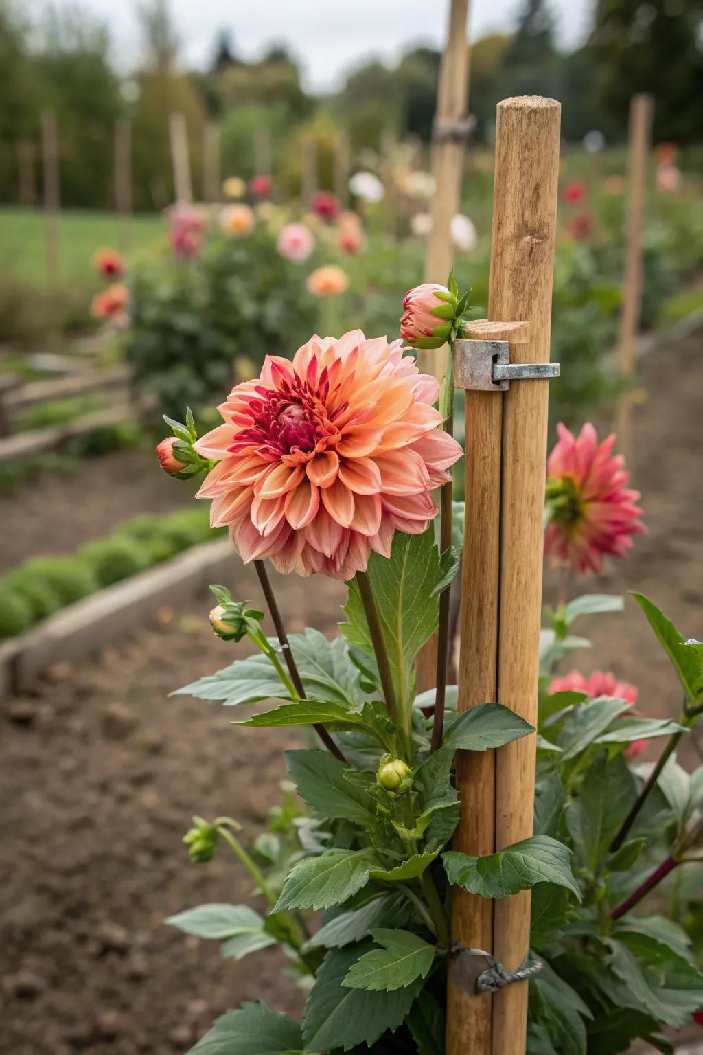 A dahlia plant supported by a classic wooden garden stake.
