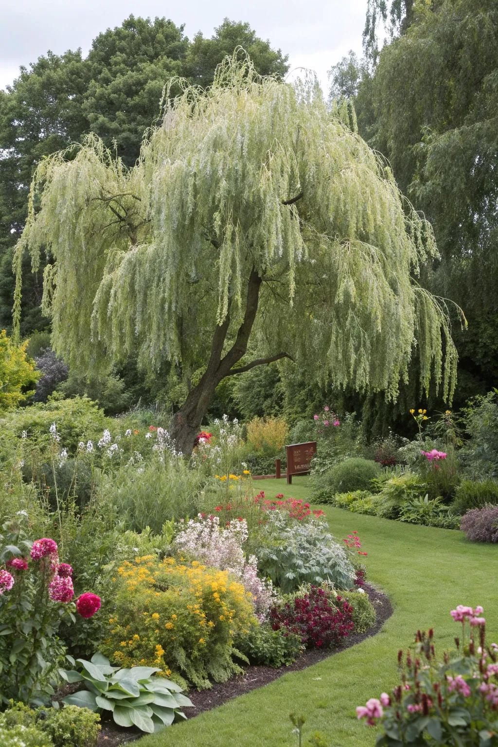 A dappled willow as the vibrant focal point of a lush garden.