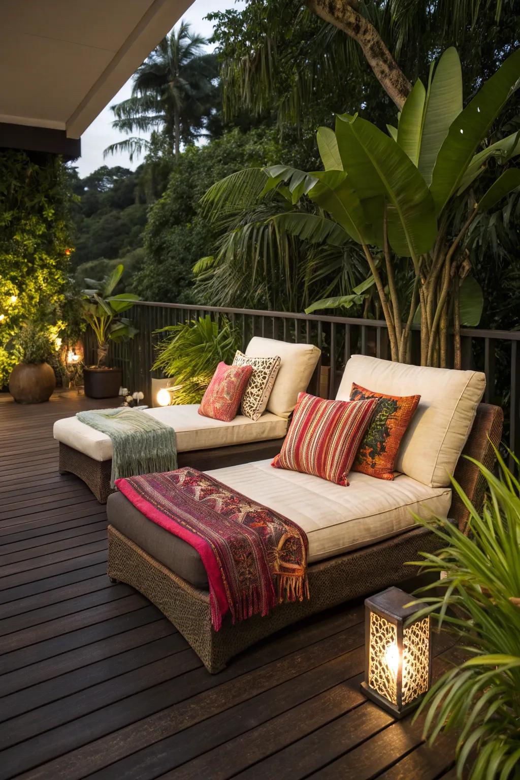 A cozy corner on a dark brown deck with plush seating and vibrant cushions.