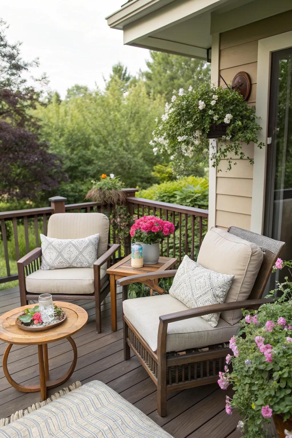 A cozy deck seating area with plush cushions and a small table.