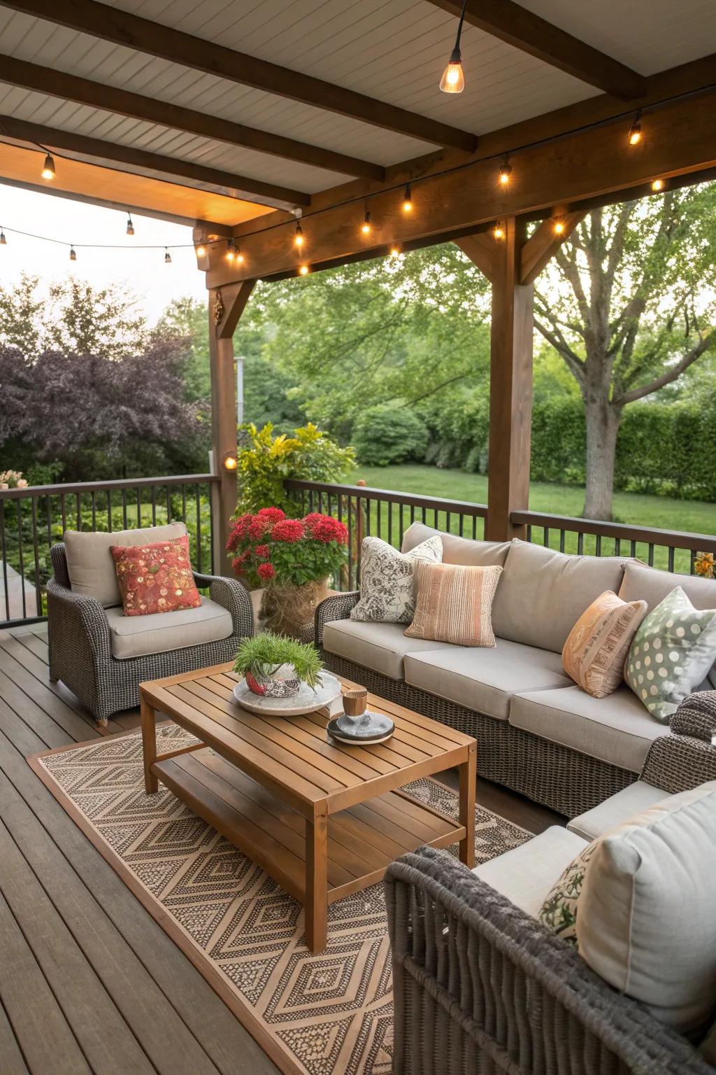 An outdoor living room on your deck offers comfort and style.