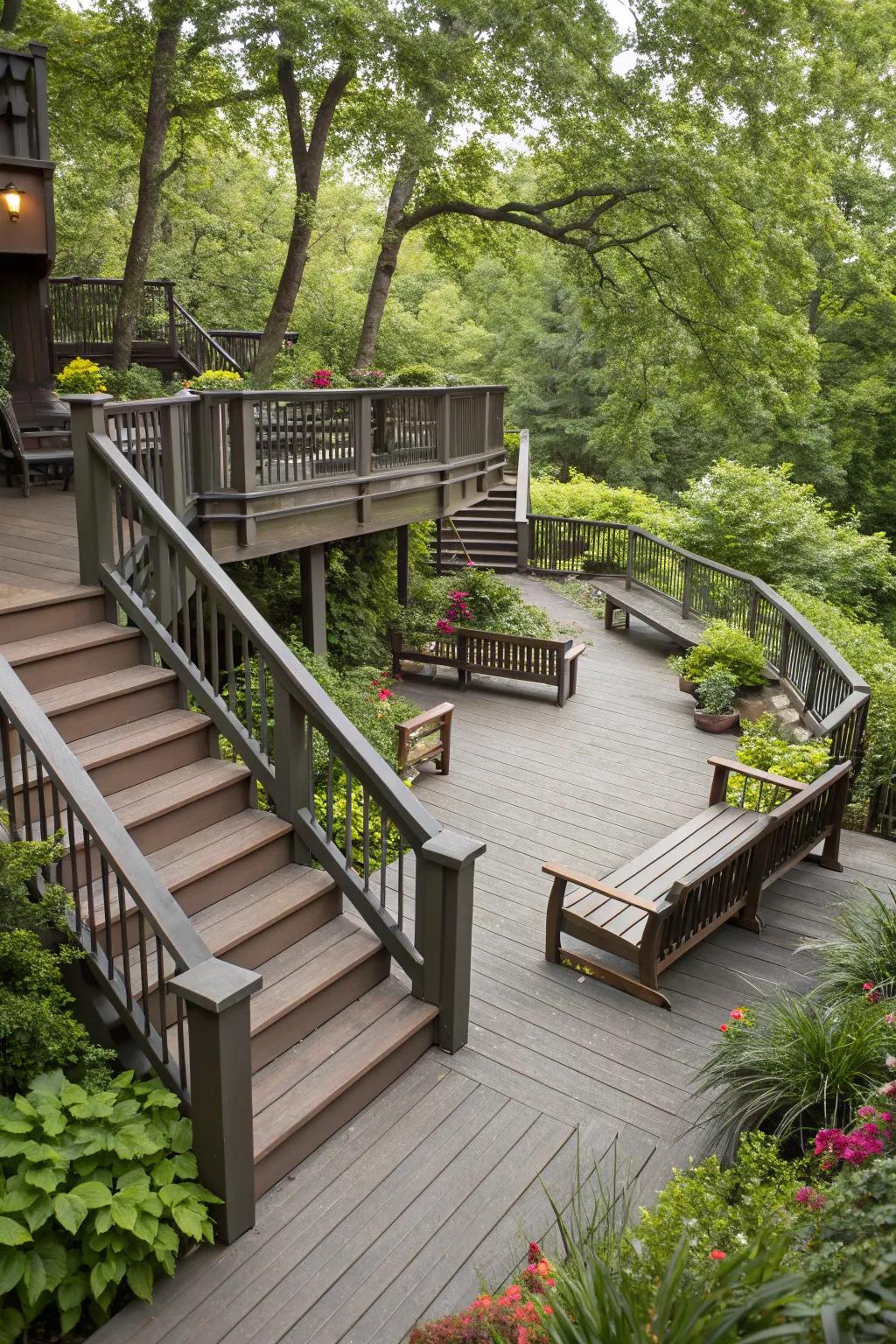 Multi-level deck seating creates a dynamic outdoor space.