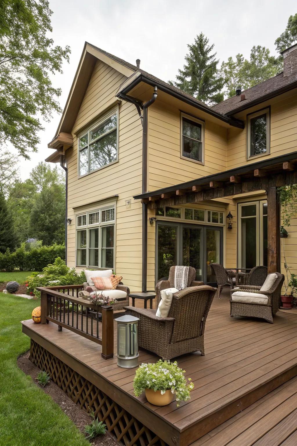 Classic brown decks offer a timeless elegance to any tan house.