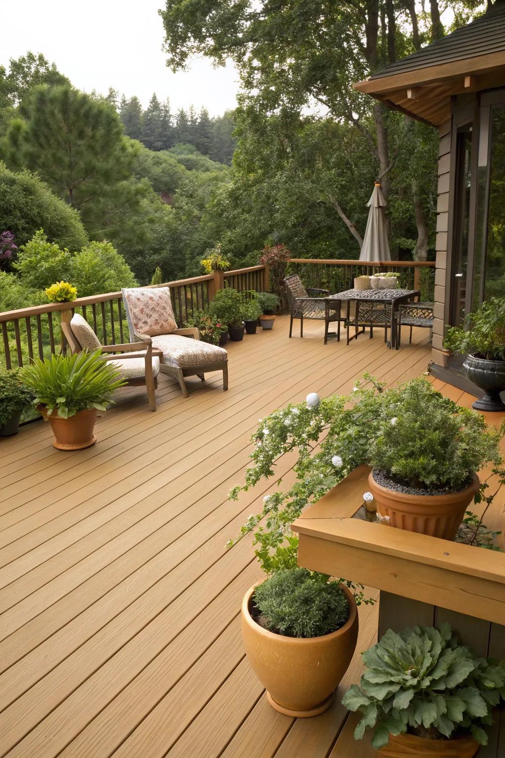 A honey oak deck with cozy seating and lush potted plants.