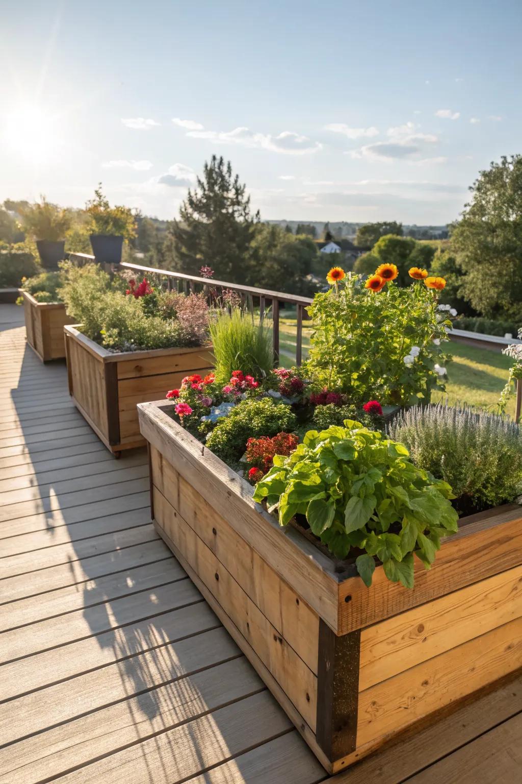 Raised wooden planters create a structured and beautiful garden space.