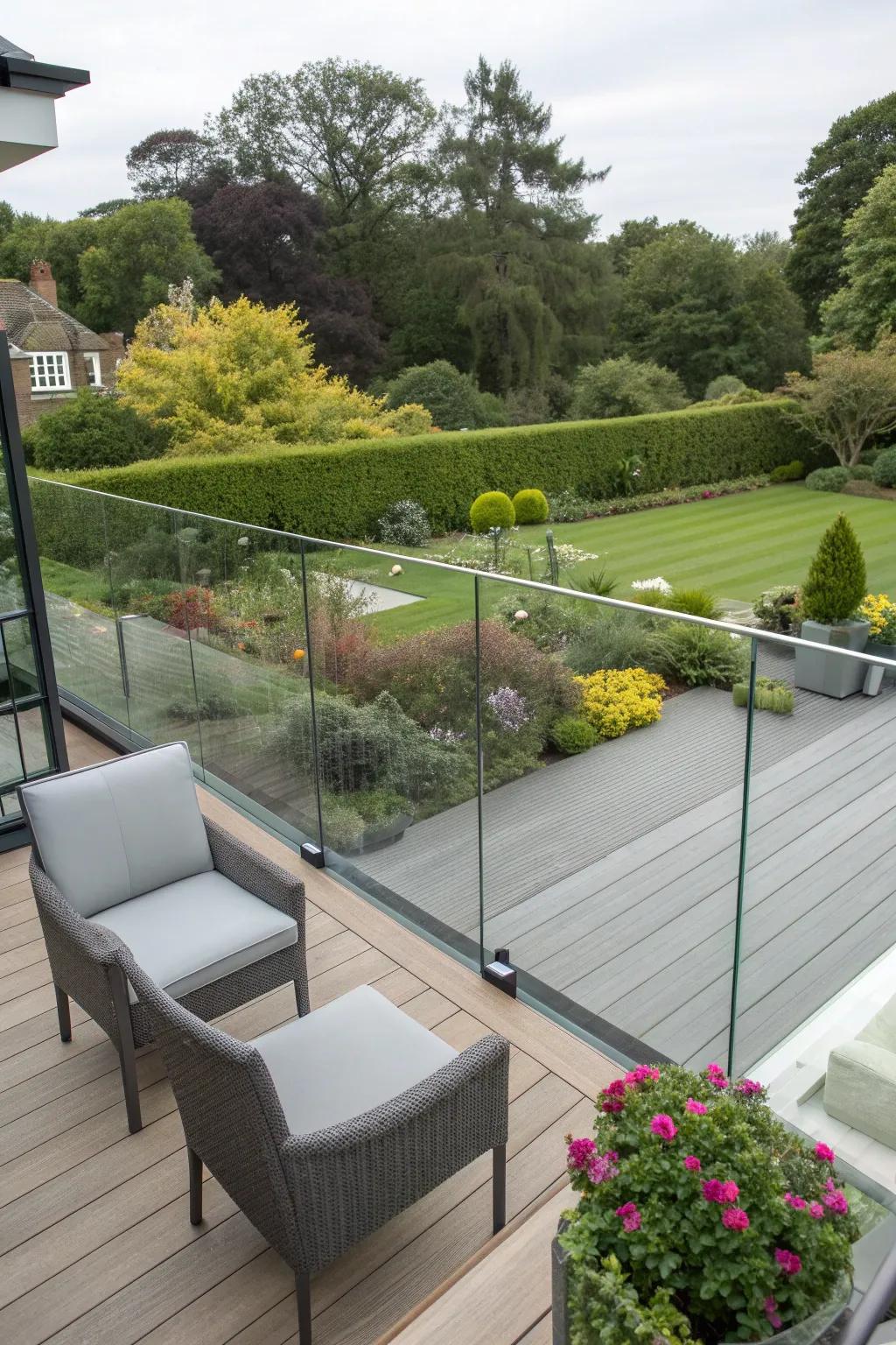 Sleek glass panel fencing offers a modern touch while keeping views clear.