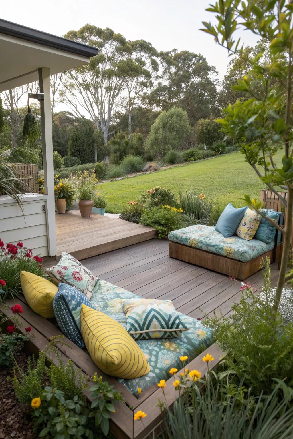 A cozy corner deck perfect for relaxing with a morning coffee.