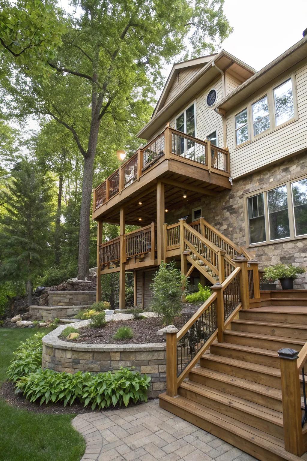 A multi-level deck perfectly complements this split-level home.