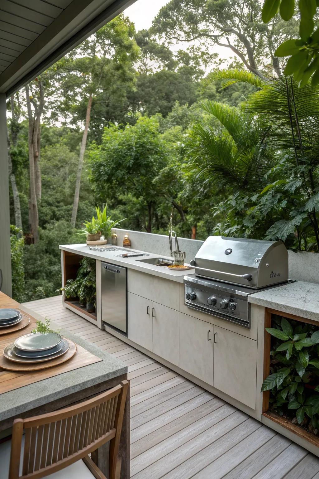 A built-in grill seamlessly integrated into a deck kitchen.