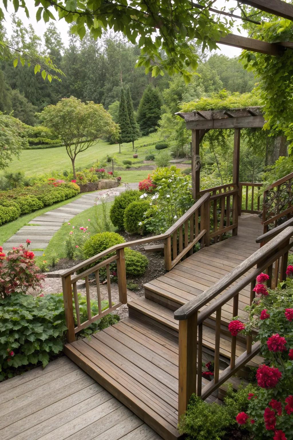 Wooden steps and railings leading from the deck to the garden.