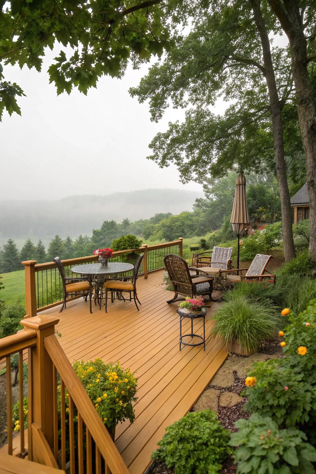 A deck painted in classic Golden Oak, blending seamlessly with lush surroundings.