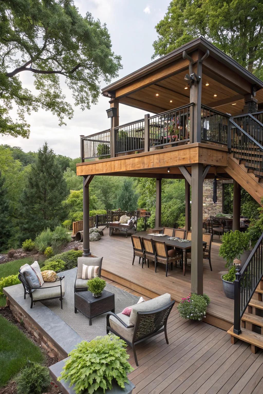 A multi-level deck-patio design offers a dynamic outdoor living experience.