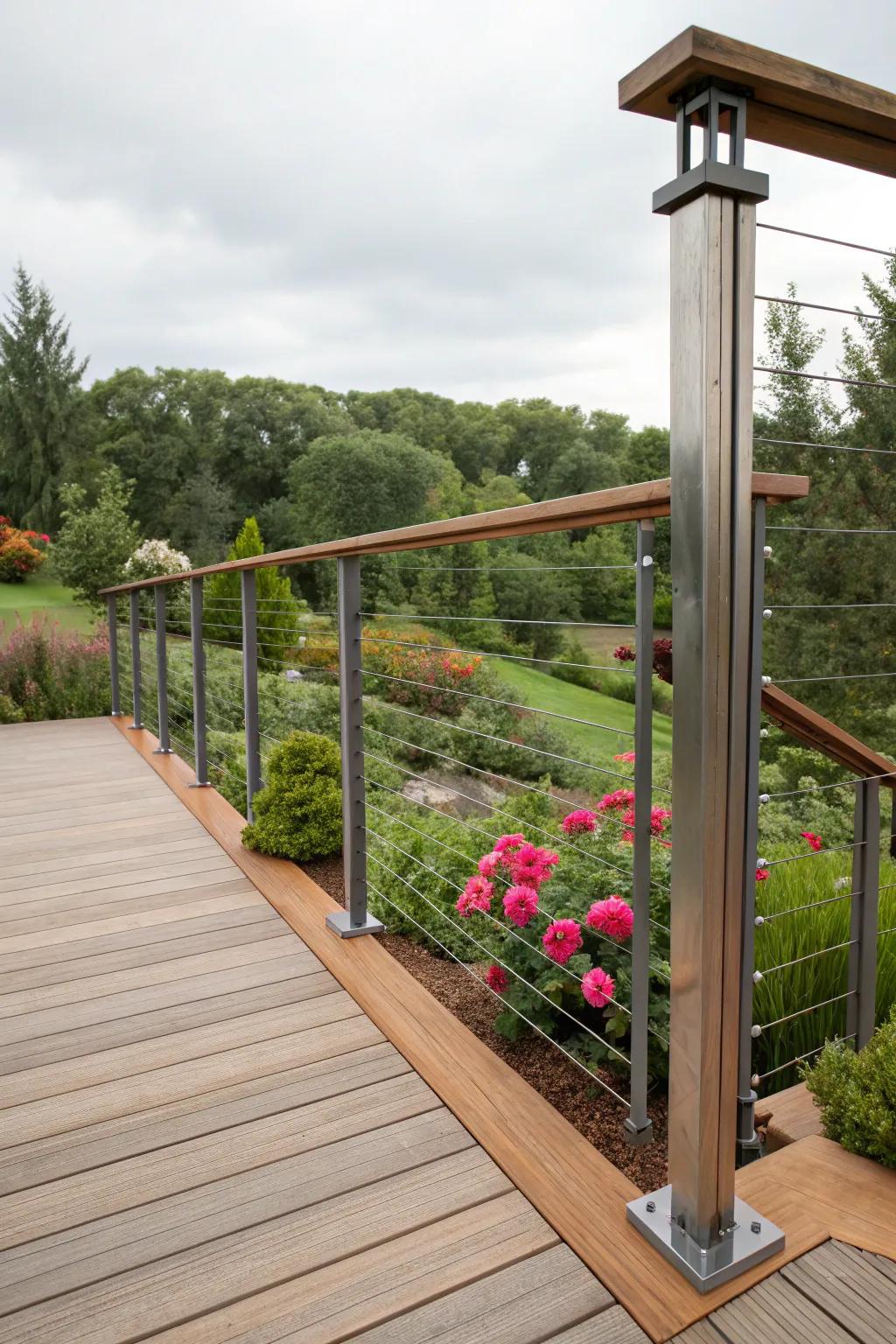 A creative blend of wood and metal posts adds a modern twist to this inviting deck.