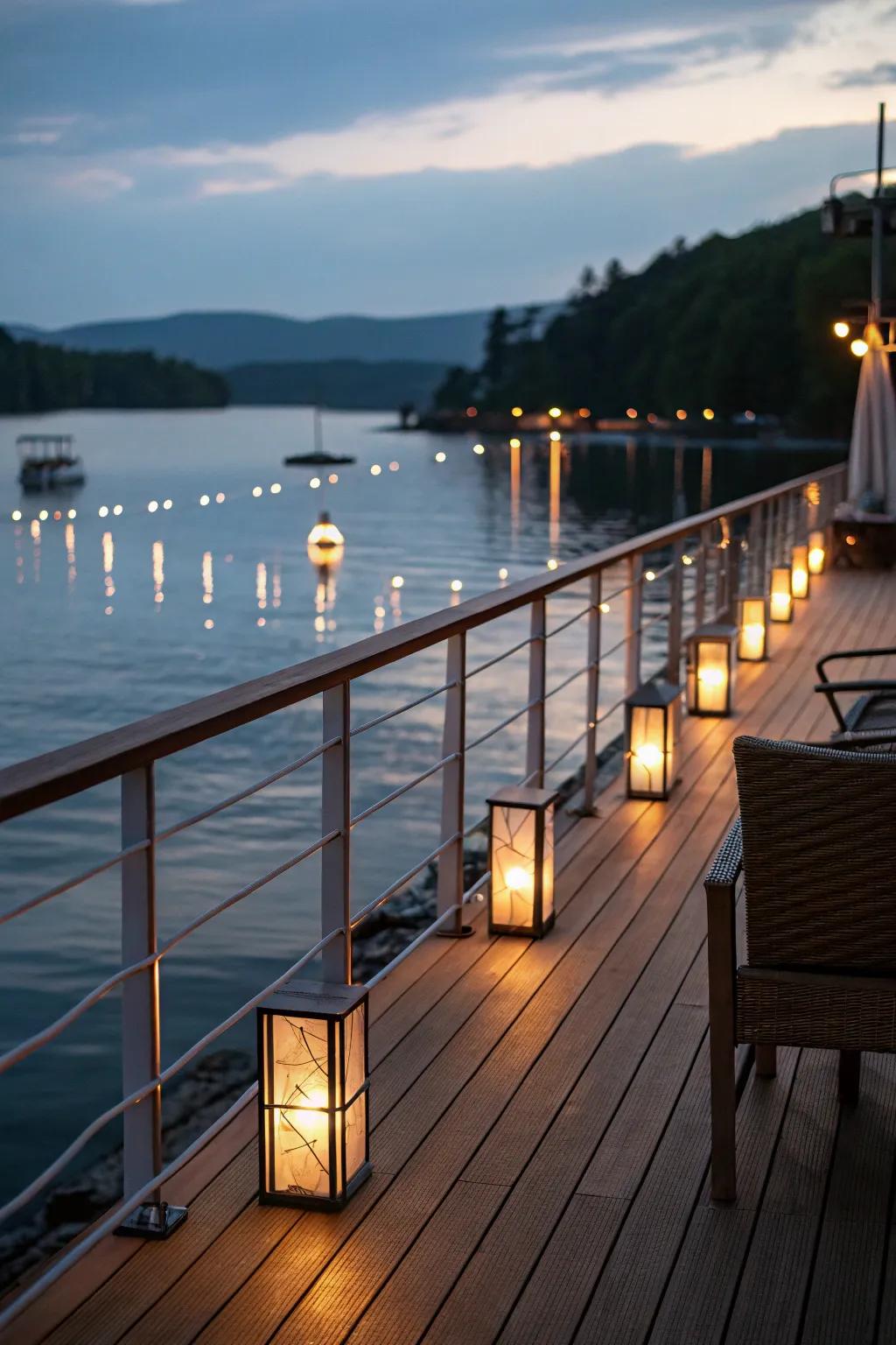Enchanting waterfront deck with shimmering post lighting.