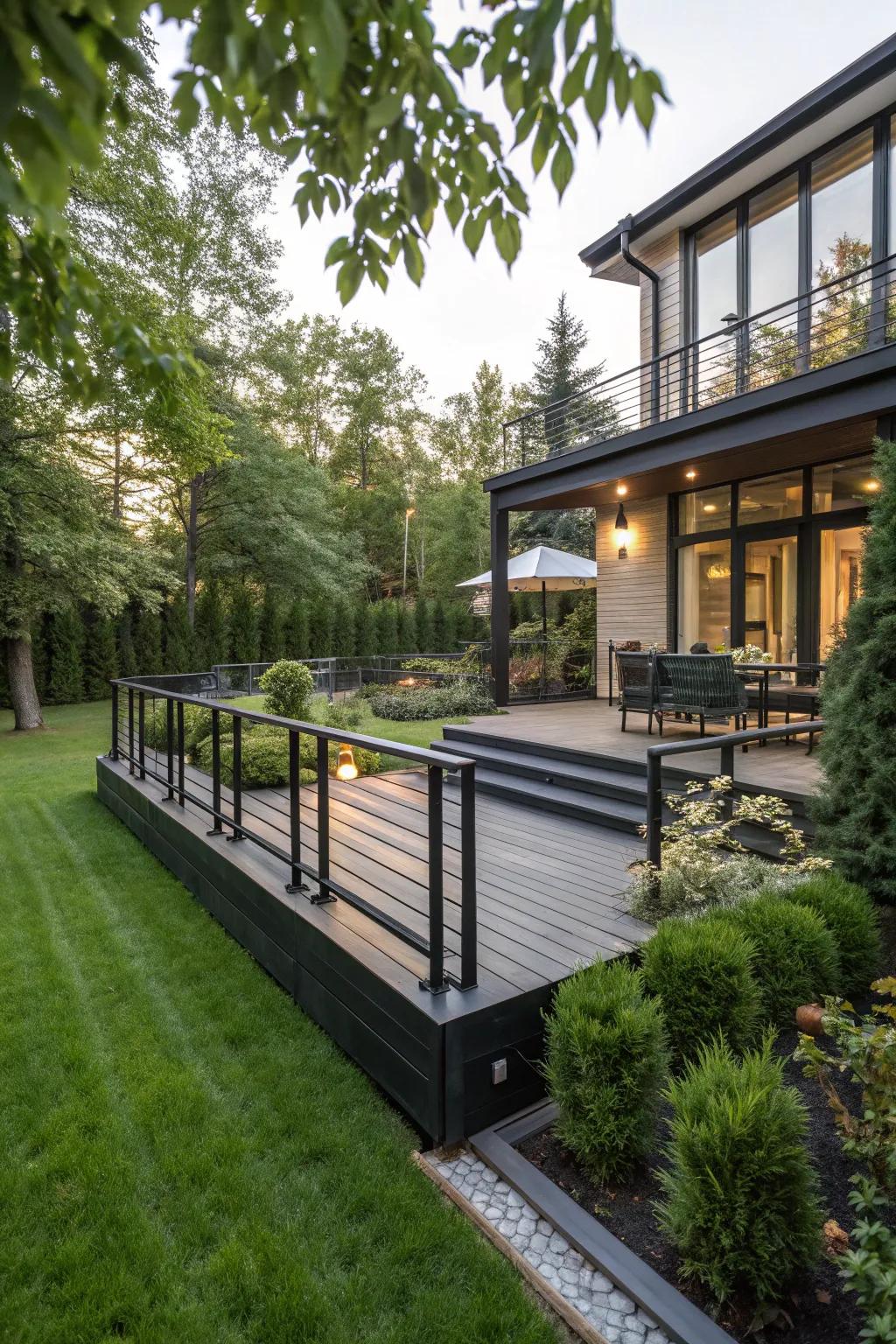 A modern backyard deck with elegant black railings.