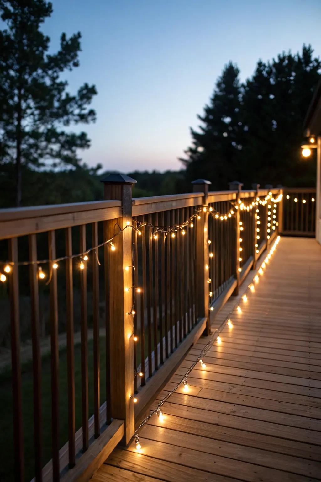 String lights draped along the deck railing for a cozy ambiance.
