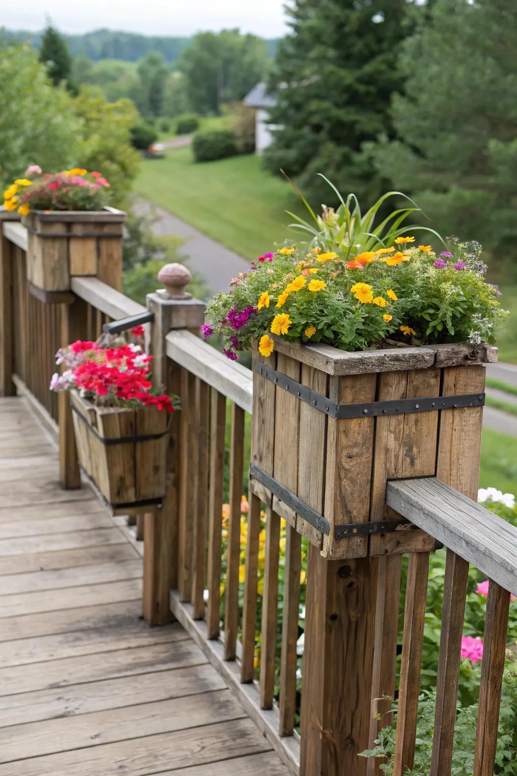 Reclaimed wood planters add rustic charm to any deck