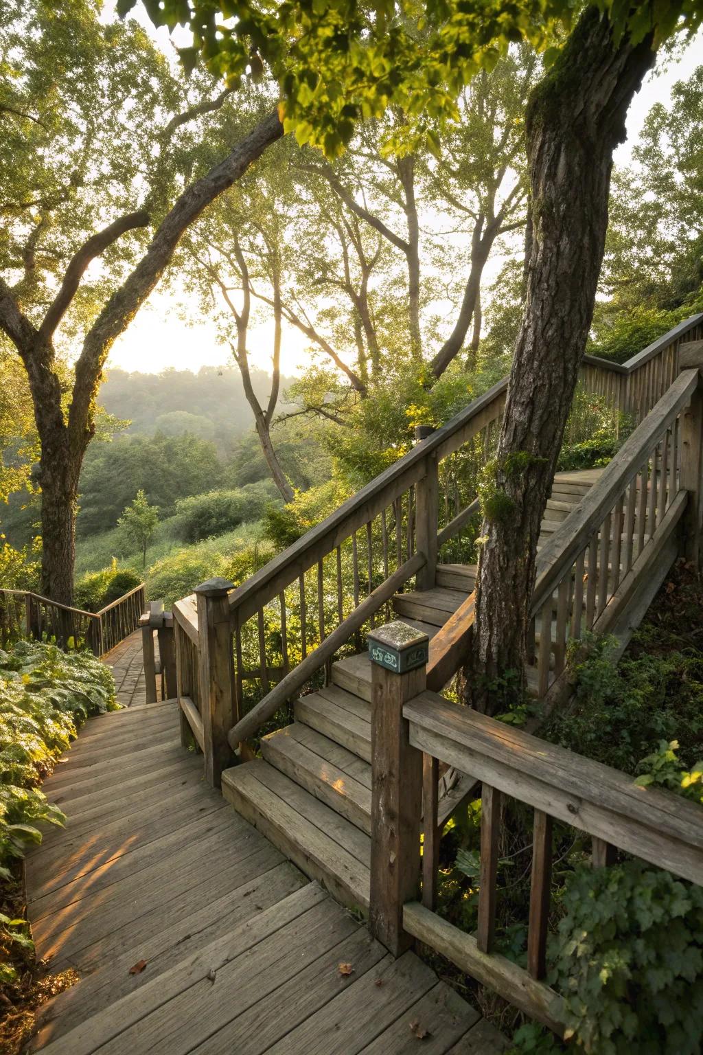 Embrace the natural charm of rustic wooden railings for a harmonious look.