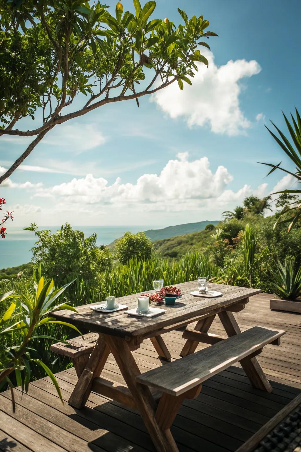 A classic picnic table blends seamlessly into natural settings.