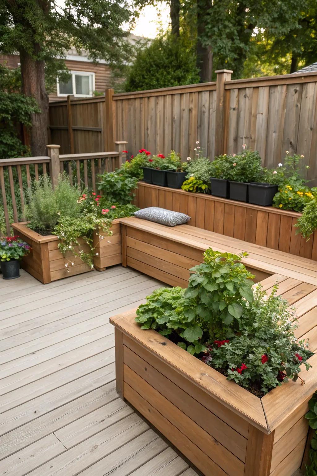 Integrated seating and planters offer comfort and style.