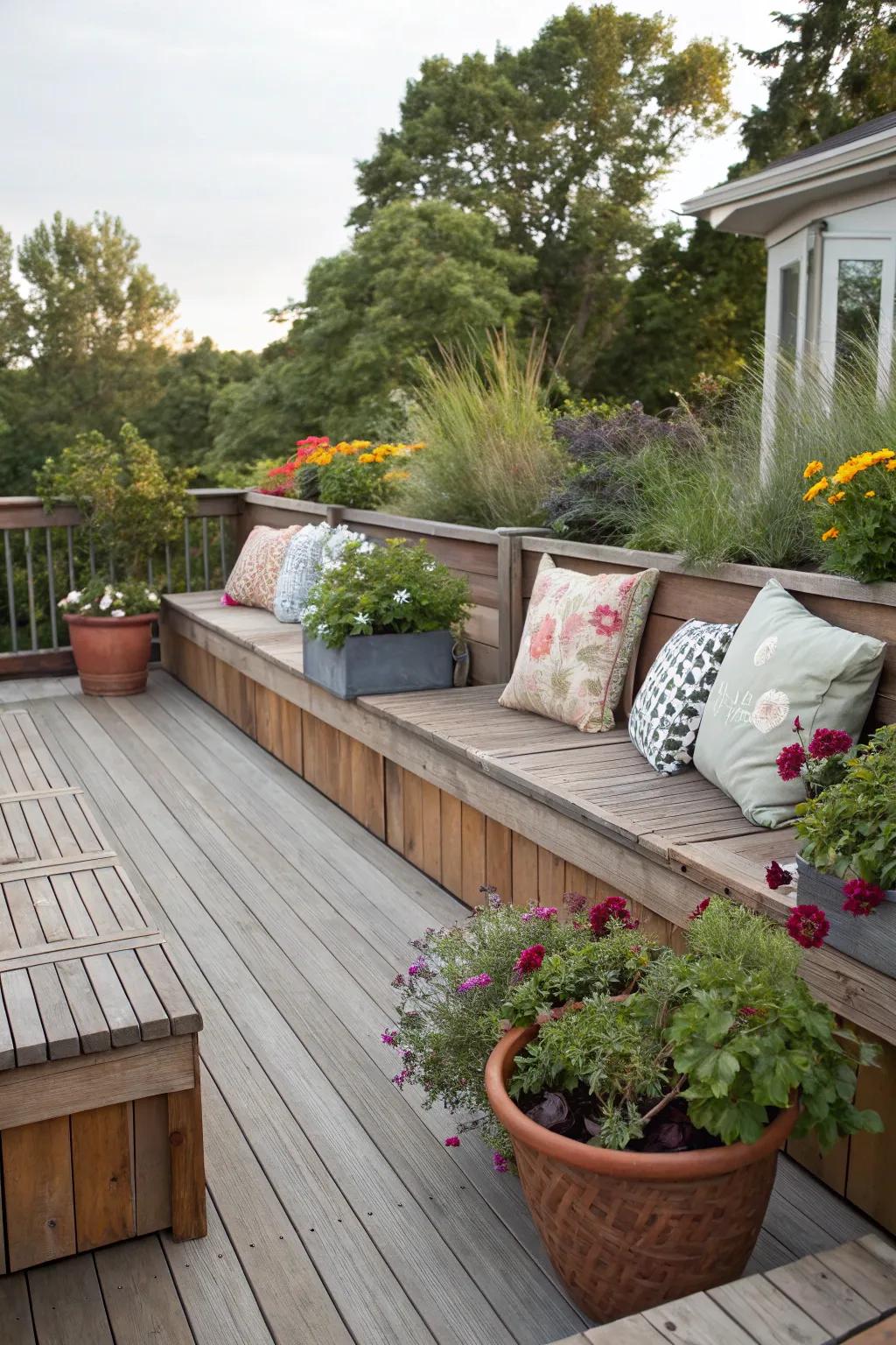 Integrated benches add seamless seating and style to any deck.