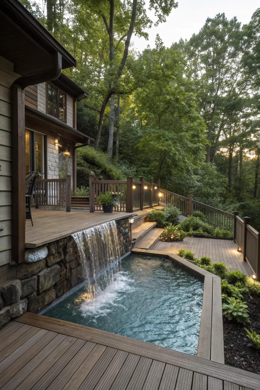 A deck with an integrated waterfall becomes a serene focal point.