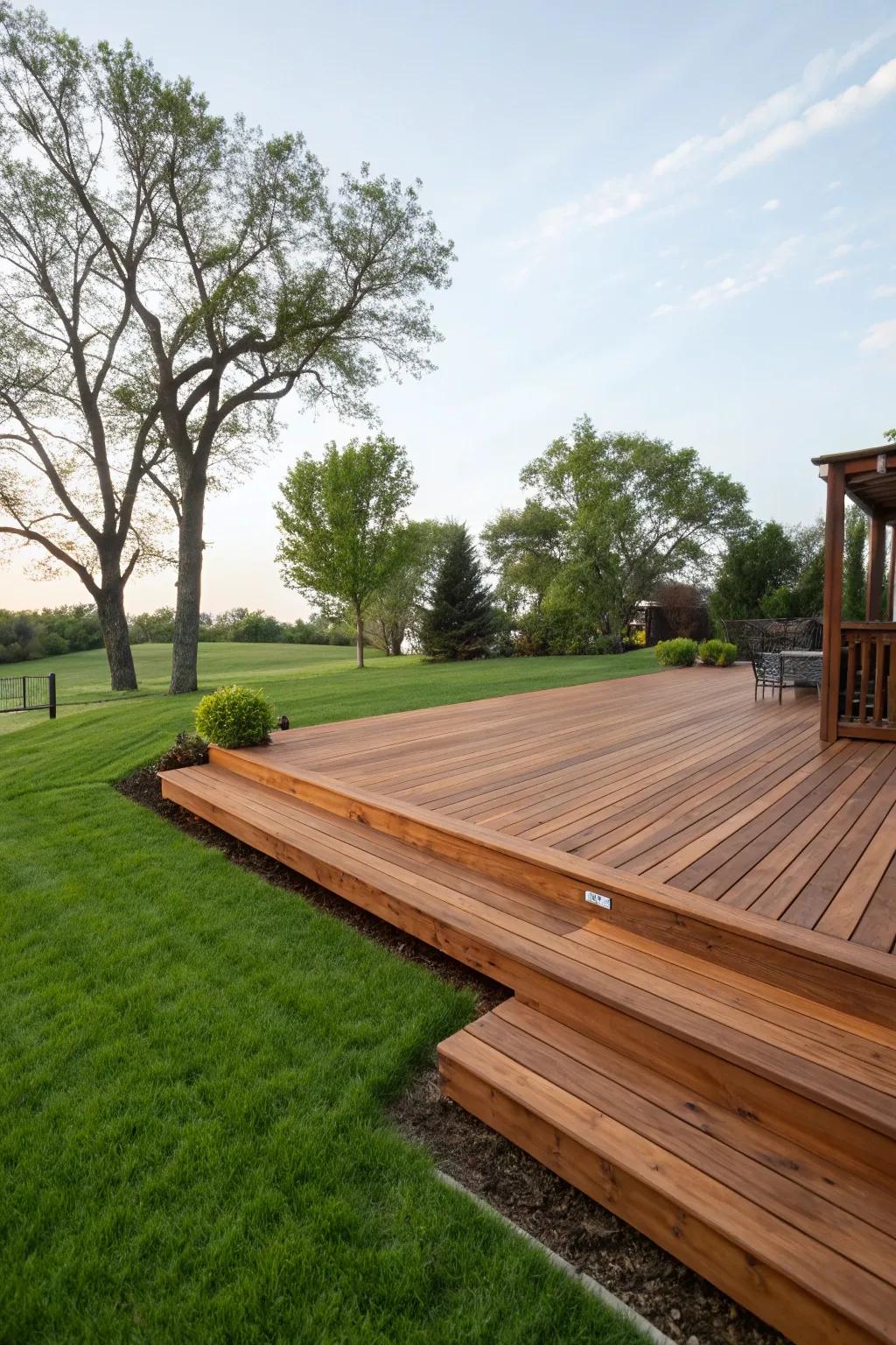 A stunning natural wood deck, blending seamlessly with its surrounding landscape.