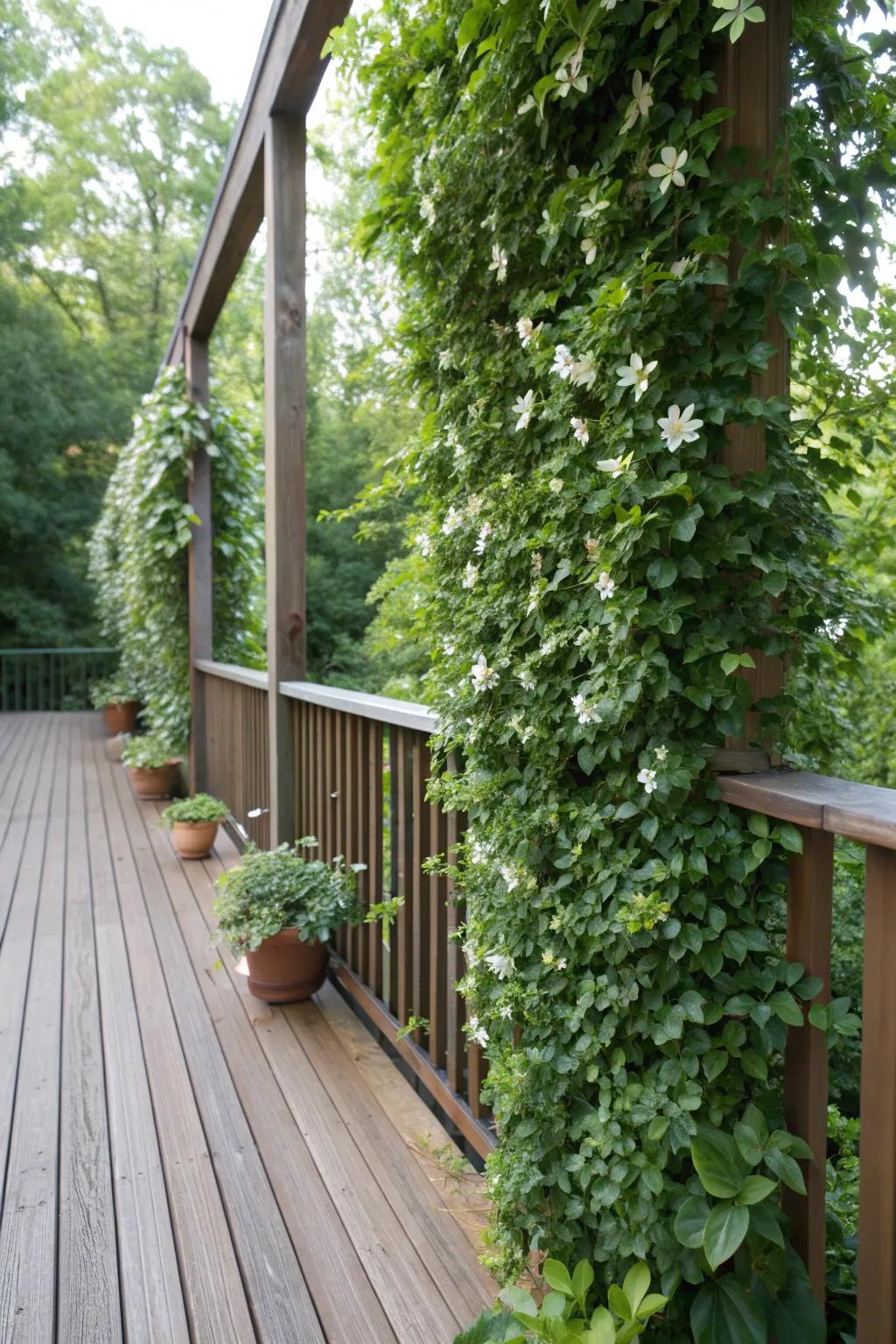 A vibrant vertical garden wall adds privacy and greenery to the deck.