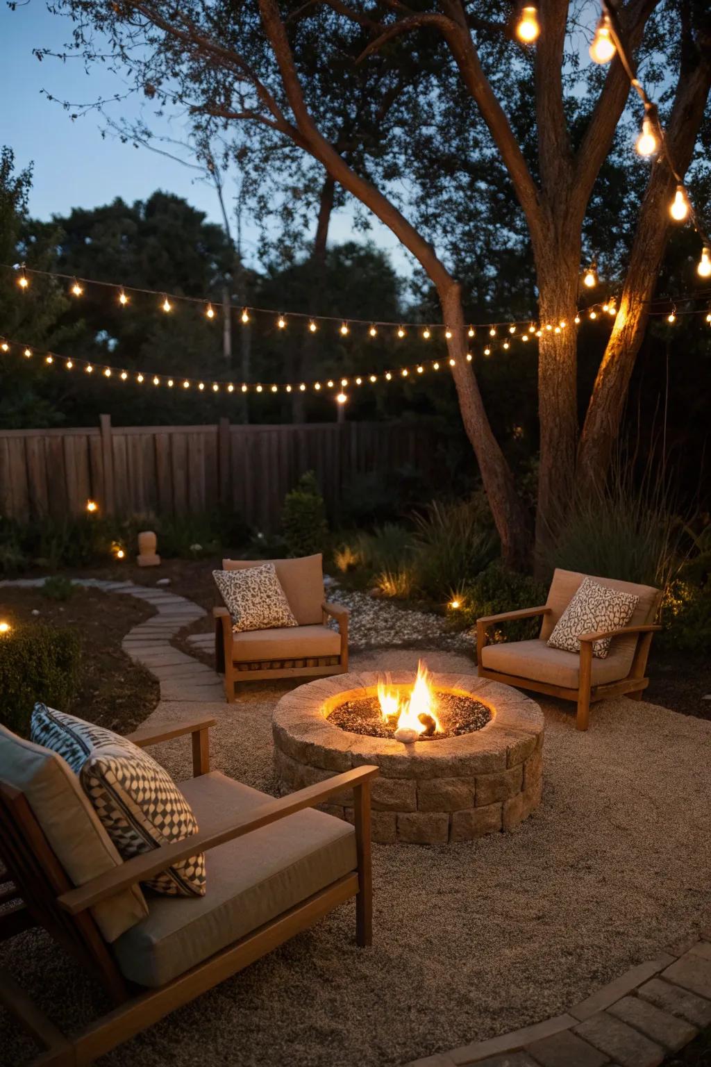 A welcoming fire pit setup on a decomposed granite patio.